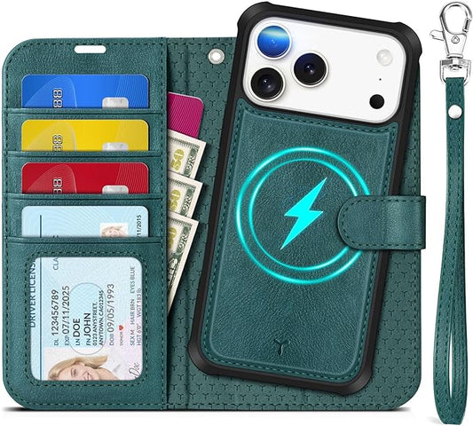TUCCH Removable Case Wallet for iPhone 17 Pro Max (6.9") 2025, Detachable Wrist Strap, Wireless Charging, Stand, 4 Card Slots RFID Blocking, 2-in-1 Magnetic, PU Leather Shockproof Cover, Teal Blue