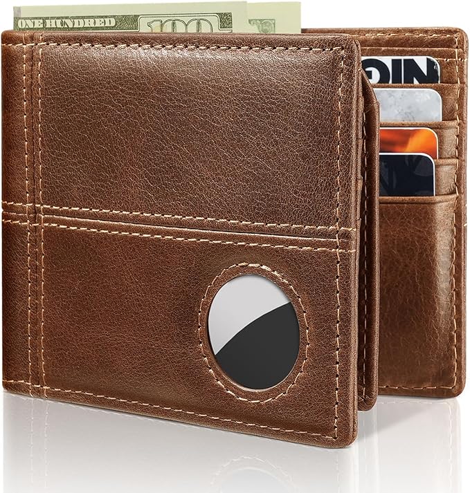 Mens Wallet With AirTag Holder, Bifold Leather RFID Blocking 1-2 ID Windows 12-13 Card Holders, Gift Box and Screen Protector Included, AirTag Not Included