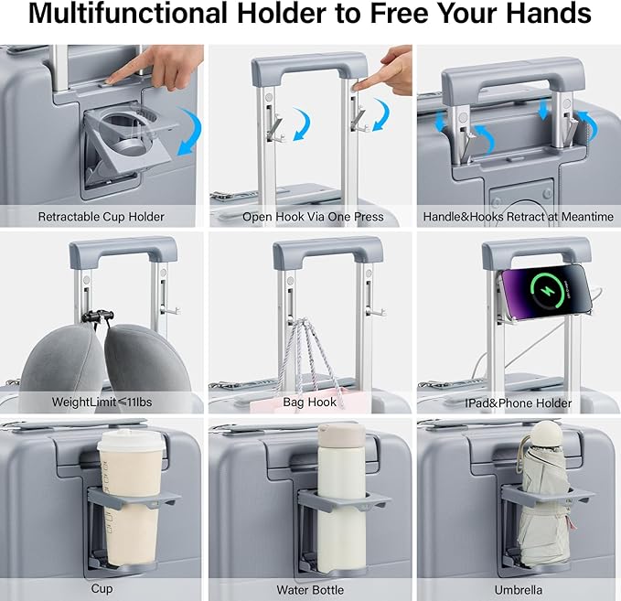 Hanke 20 Inch Carry On Luggage with Cup Holder and Charge,Top Opening Hard Shell Suitcases with Wheels and Dividers,Aluminum Frame Trunk Luggage Small Suitcase with Lock for Travel,Gray