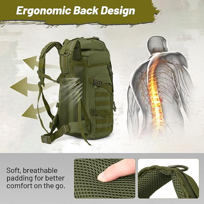 AUMENTAR 50L Tactical Backpack for Men and Women, Water-Resistant Molle Rucksack, Large Military Assault Pack for Hiking, Hunting, Camping, Gym & Outdoor Survival Green
