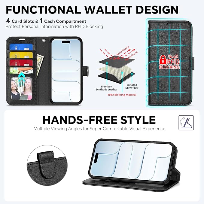 TUCCH Detachable Case Wallet for iPhone Air (6.5") 2025, Removable Wrist Strap, Wireless Charging, Stand, 4 Card Slots RFID Blocking, 2-in-1 Magnetic, PU Leather, Protective Cover, Textured Black