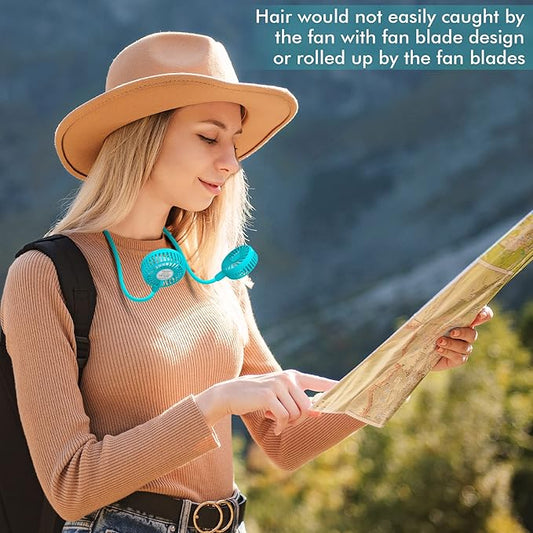 Portable Neck Fan, 2600mAh Battery Operated, Ultra Quiet Hands Free USB Fan with 3 Speeds, Strong Wind, 360° Adjustable High Flexibility Wearable Personal Fan for Sport Office Outdoor Travel (Cyan)