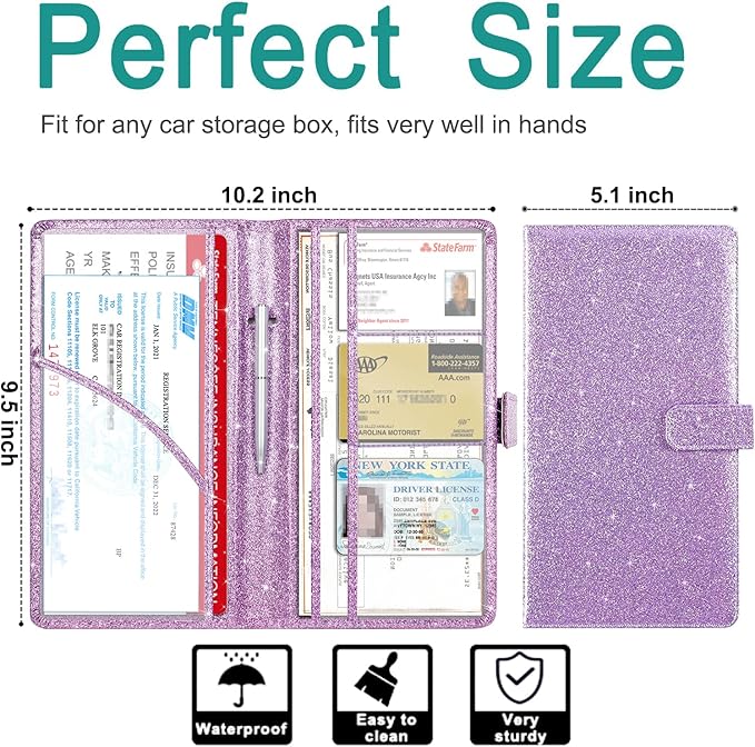RSAquar Car Registration and Insurance Holder, Vehicle Car Glove Box Organizer, Cool Car Accessories for ID, Driver License Cards & Essential Document, Men&Women, Purple Glitter