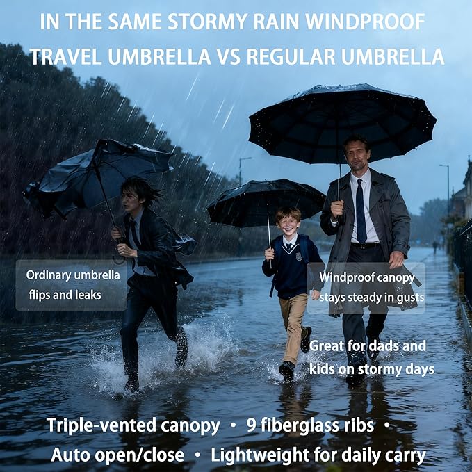 Windproof Travel Umbrella, Compact 11" Folded, Auto Open Close, Vented 42" Canopy, 9 Fiberglass Ribs, 0.98 lb Lightweight Folding Umbrella for Rain, Commuters, Travel, Gift for Men & Women