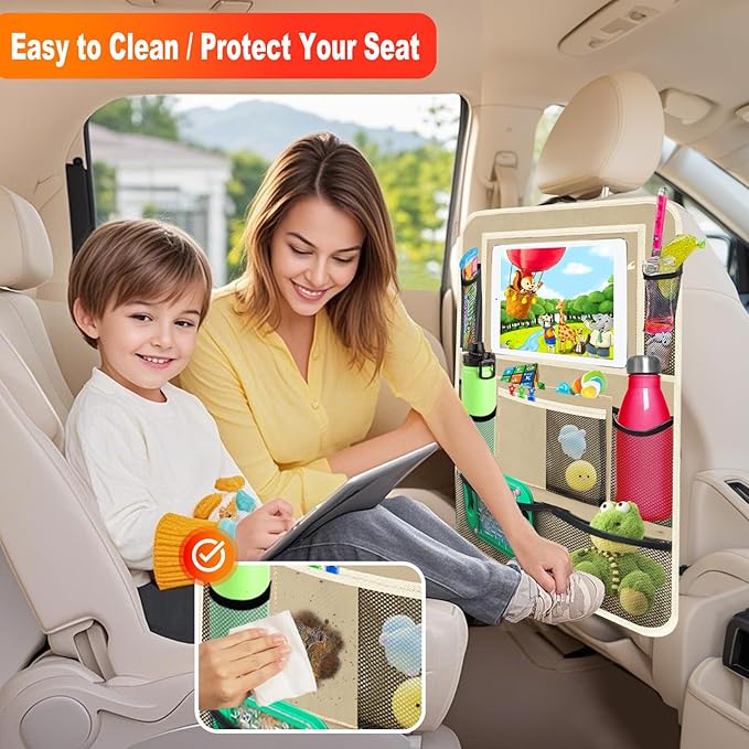 Car Backseat Organizer ，2 Pack Car Organizer Back Seat with 11" Tablet Holder, 10 Storage Pockets Seat Back Protectors Kick Mats for Kids Toddlers, Travel Accessories (Beige)