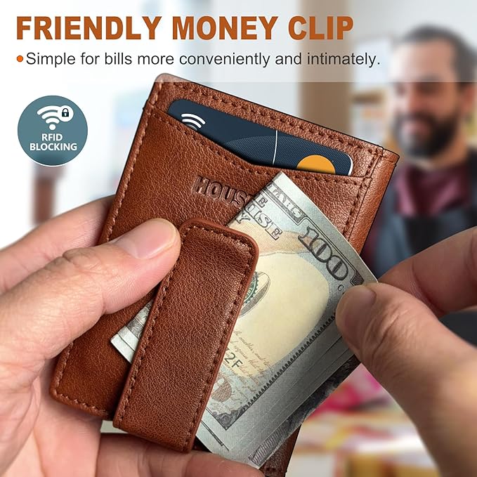 Housmai Magnetic Closure Slim Wallet with Money Clip Gift Boxed,Genuine Leather Front Pocket Wallet for Men, 3.9"x 2.10", RFID Blocking