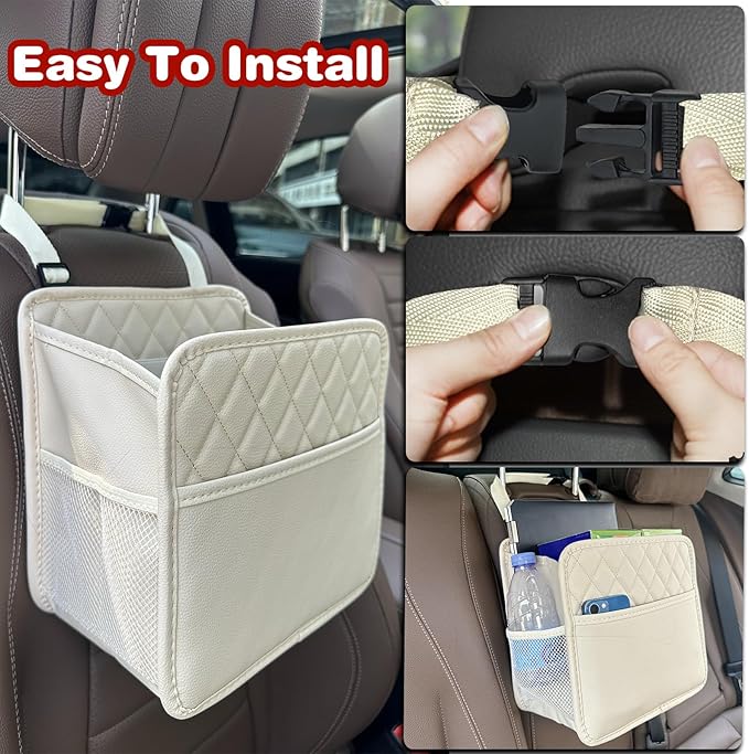 Upgrade Car Seat Organizer Backseat with Storage Pockets, Multipurpose Car Organizer Hanging, Car Trash Bag Can,Premium PU Leather Garbage Can 2.14 Gallon Large Capacity Accessories Beige