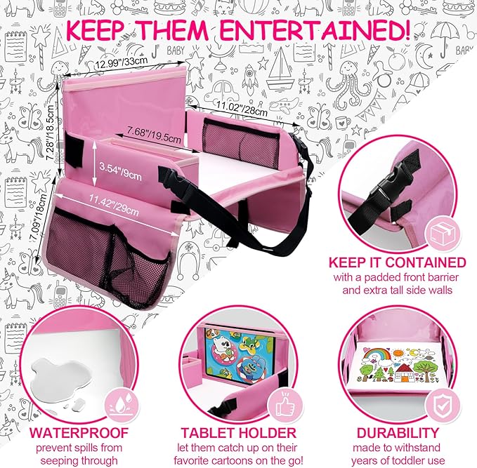 Julaiwy Car Seat Tray for Kids Travel, Carseat Tray for Toddler Road Trip Activities, Car Trays for Kids Road Trip Essentials, Travel Trays for Airplane, Toddler Car Seat Lap Table - Pink