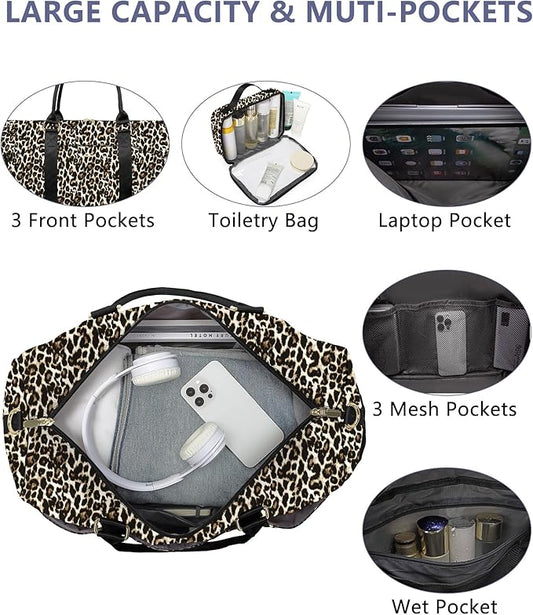 Women Weekender Travel Duffle Bag: Travel Duffel Overnight Bags with Shoe Compartment Large Carry on Tote with Toiletry Bag Weekend Traveling Yoga Gym Hospital Bag for Women with Wet Pocket Cheetah