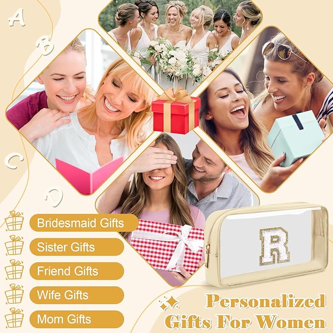 Personalized Initial Letter Clear Makeup Bag,Preppy Small Nylon&PVC Cosmetic Zipper Bag with Chenille Letter,Portable Beach Travel Skincare Toiletry Bag,Trendy Monogram Gift for Teen Girls Women,R