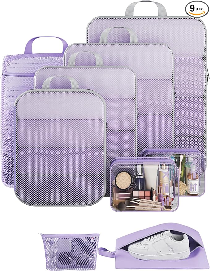 Veken 9/11 Set Compression Packing Cubes for Travel Essentials,Compressible Expandable Large Luggage Suitcase Organizer Bags for Clothing,Durable Space Saver Storage Bags(Light Purple)