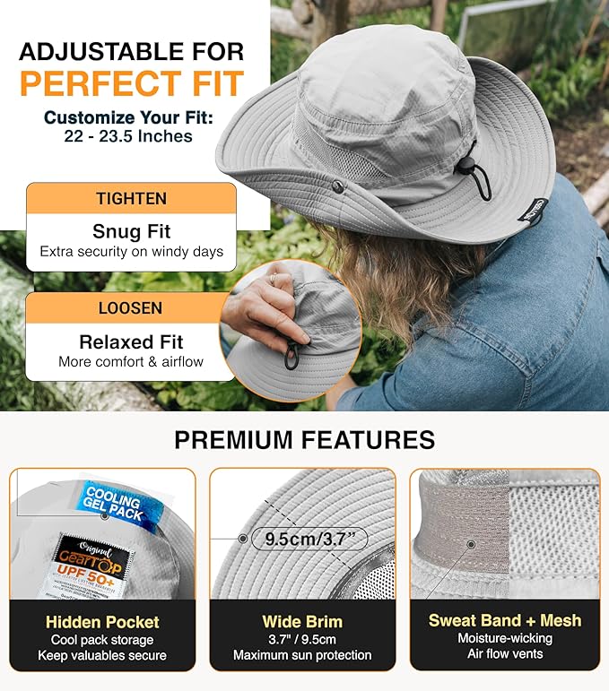 GearTOP Safari Hat for Men Sun Hats for Women UV Protection UPF 50+ Fishing, Gardening, Hiking Hat (22-23 1/2")