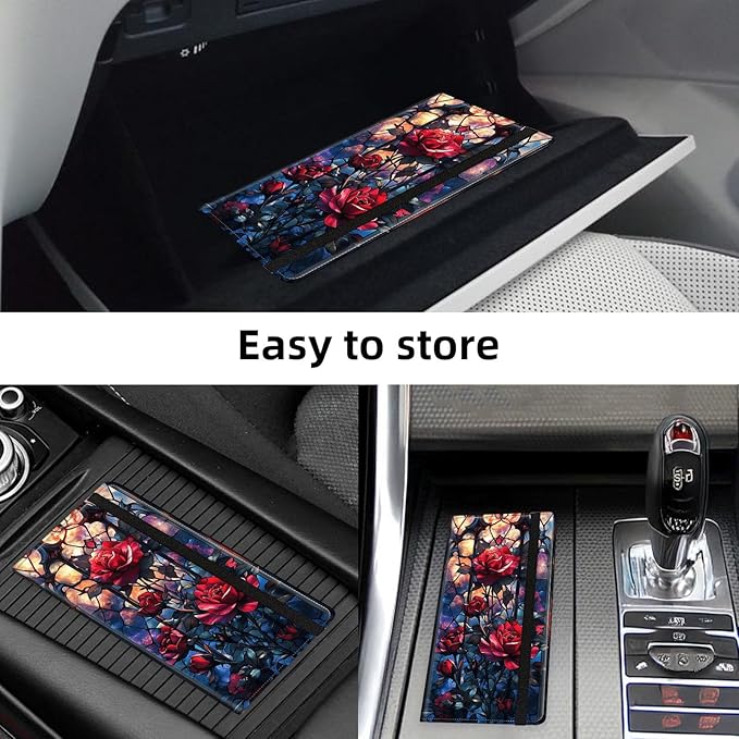 Car Registration and Insurance Holder PU Leather Vehicle Insurance and Registration Holders Wallet Case with Elastic Band Closure for ID Card, Driving Licence, Red Rose Stained Glass