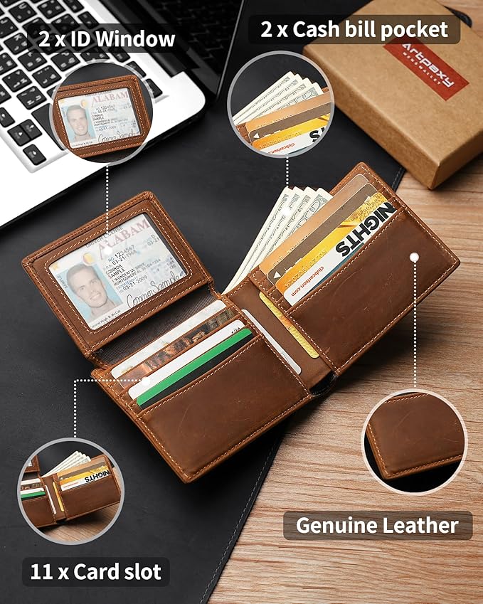Artpaxy Mens Wallet Bifold Genuine Leather RFID Blocking Wallet for Men with 2 ID Windows 11 Card Holders 2 cash pockets 1 Gift Box