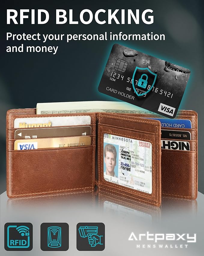 Mens Wallet With AirTag Holder, Bifold Leather RFID Blocking 1-2 ID Windows 12-13 Card Holders, Gift Box and Screen Protector Included, AirTag Not Included