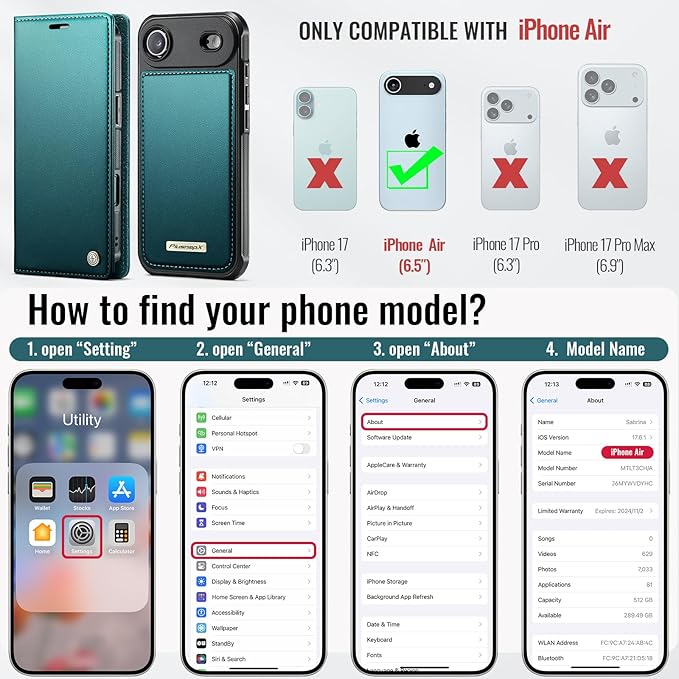 PlusnapX Wallet Case for iPhone Air Compatible with Magsafe, 2-in-1 PU Leather Flip RFID Blocking Card Holder Stand ShockAirof Magnetic Detachable Cover for iPhone 17 Air Case 6.5", Bluegreen
