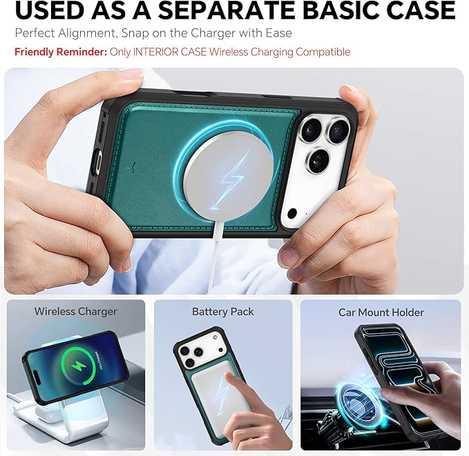 TUCCH 2-in-1 Removable Case Wallet for iPhone 17 Pro Max (6.9") 2025, Detachable Wrist Strap, 4 Card Holders RFID Blocking, Wireless Charging, Stand, Magnetic, PU Leather Folio Cover, Bluish Green