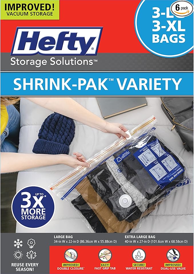 Hefty Shrink-Pak Vacuum Storage Bags - Space Saver for Under Bed Storage, Clothing and Comforters, Odor Resistant, 3X More Storage Space - 3 Large, 3 XL Bags