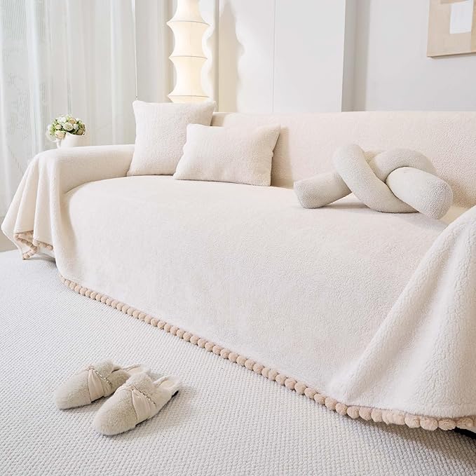Sherpa Fleece Couch Cover for 2 Cushion Sofa, Beige, 71" x 118" – Pet Proof Sofa Covers, Heavy Duty, Scratch Resistant, Pet Friendly Furniture Cover – Easy Install, Machine Washable