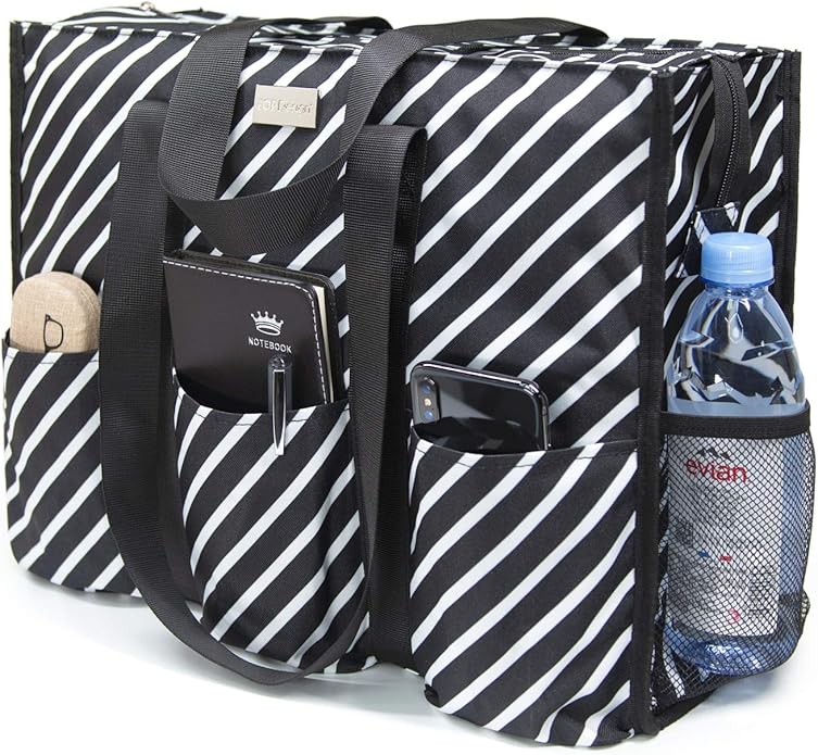 TOPDesign Utility Water Resistant Tote Bag with 13 Pockets, Top Zipper Closure & Thick Bottom Support, for Working Women