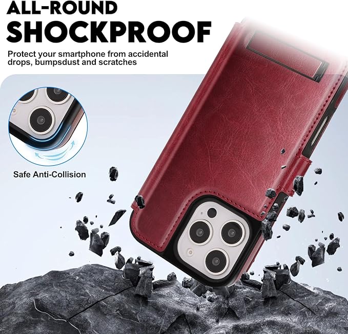 CIVICASE for iPhone 16 Pro Wallet Case with Stand,PU Leather Flip Credit Card Holder Slots (RFID Blocking),Compatible with Magsafe Magnetic Holder Phone Cover Women Men,Wine Red