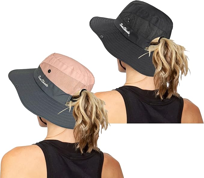 Women's Outdoor UV-Protection-Foldable Sun-Hats Mesh Wide-Brim Beach Fishing Hat with Ponytail-Hole