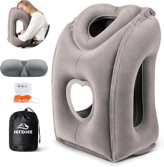 JefDiee Inflatable Travel Pillow, Airplane Neck Pillow Comfortably Supports Head and Chin for Airplanes, Trains, Cars Office Napping on The Tray Table (Grey)