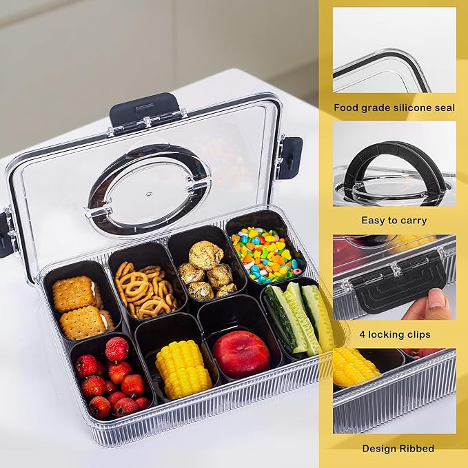 Patent Design Ribbed Snackle Box Container Divided Serving Tray with Lid and Handle -Charcuterie Container Portable Storage Organizer for Candy, Fruit, Beach, Picnics（1 pcs, Black）