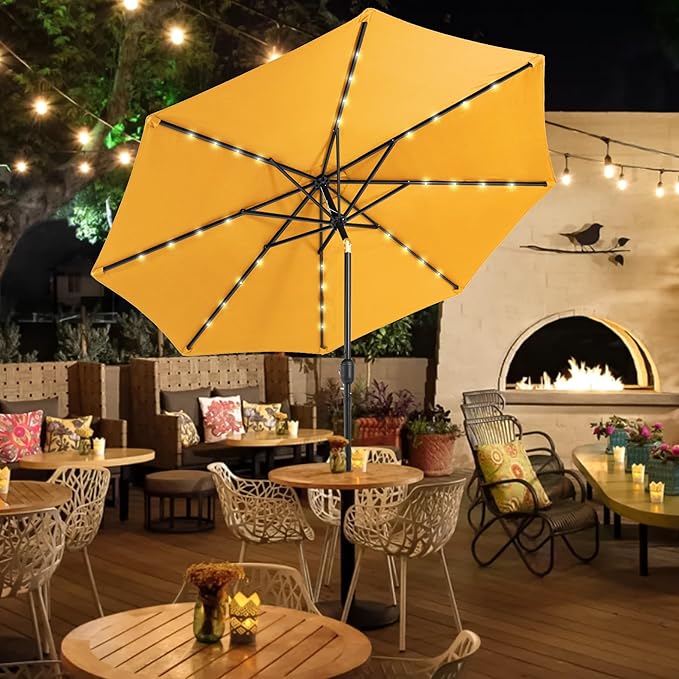 Sundale Outdoor 9FT 32 LED Lighted Patio Umbrella with Solar Powered, Table Market Umbrella with Crank & Push Button Tilt for Garden, Deck, Backyard, Pool, 8 Steel Ribs(Yellow)