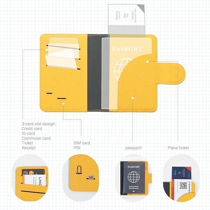 LHiDS Leatherette Passport Holder with RFID Protection, Premium PU Leather, Snap Button Closure, Travel Passport Wallet Cover for Passport, Boarding Passes, Business Cards, Cash (Yellow)