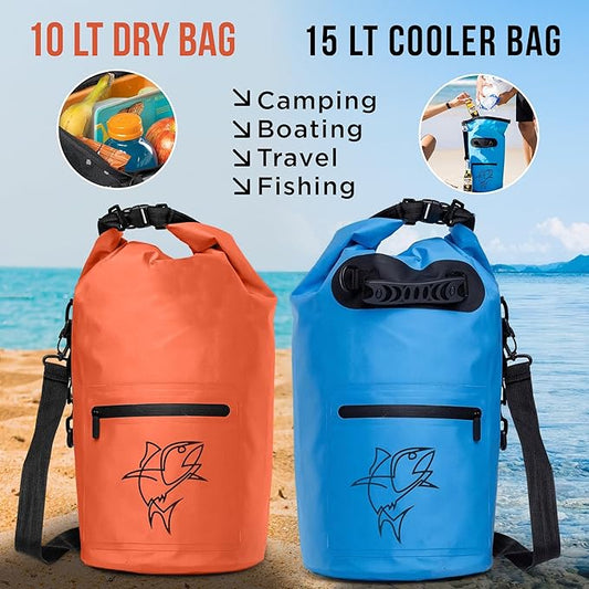 Floating Dry Bags - Pack of 2 Lightweight Dry Sack Backpack 15L Blue, 10L Orange - Easy Carry Waterproof Bags for Camping, Boating, Kayaking, Fishing