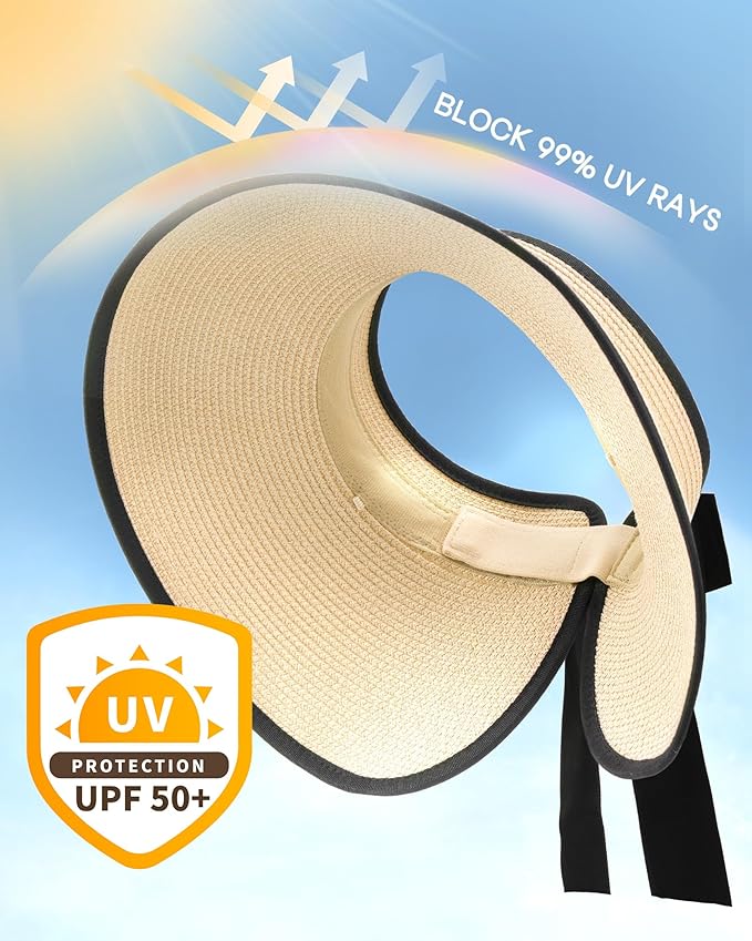 Camptrace Sun Visors for Women Wide Brim Beach Hat Foldable Straw Visor Hat Ponytail Summer Packable UPF 50+