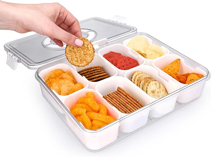 Snackle Box Container with Lid Travel Charcuterie Box with Handle Organizer for Candy, Fruit, Nuts, Veggies, Snacks, Beach Essentials, Portable Lunch Box (Bright White, Large)