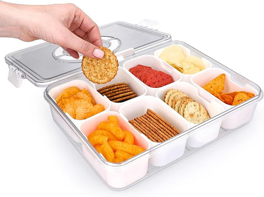 Snackle Box Container with Lid Travel Charcuterie Box with Handle Organizer for Candy, Fruit, Nuts, Veggies, Snacks, Beach Essentials, Portable Lunch Box (Bright White, Large)
