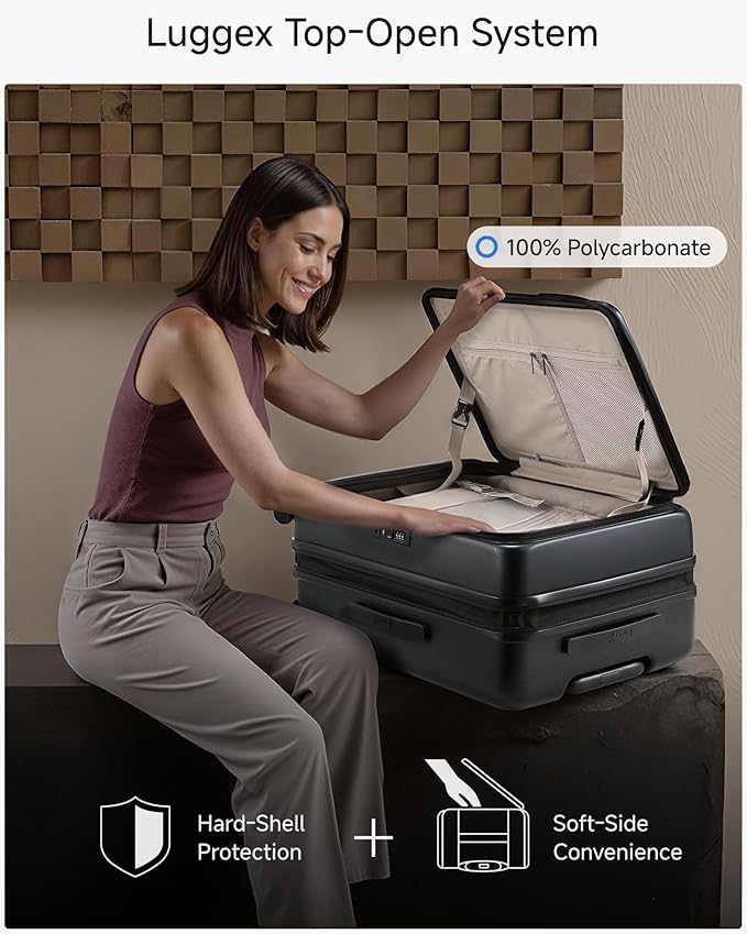 Checked Luggage Top Opening, FLT Expandable Polycarbonate Hard Shell Suitcase with Wheels (FLO-Lite, Black, 24 Inch, 63L-70L)