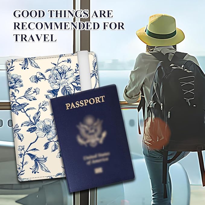 Passport Holder for Travel Essentials, RFID Premium Leather Passport Wallet Cover Case for Travel Must Haves Accessories, Passport Book Holders for Women Men Luxuxry Blue Flowers