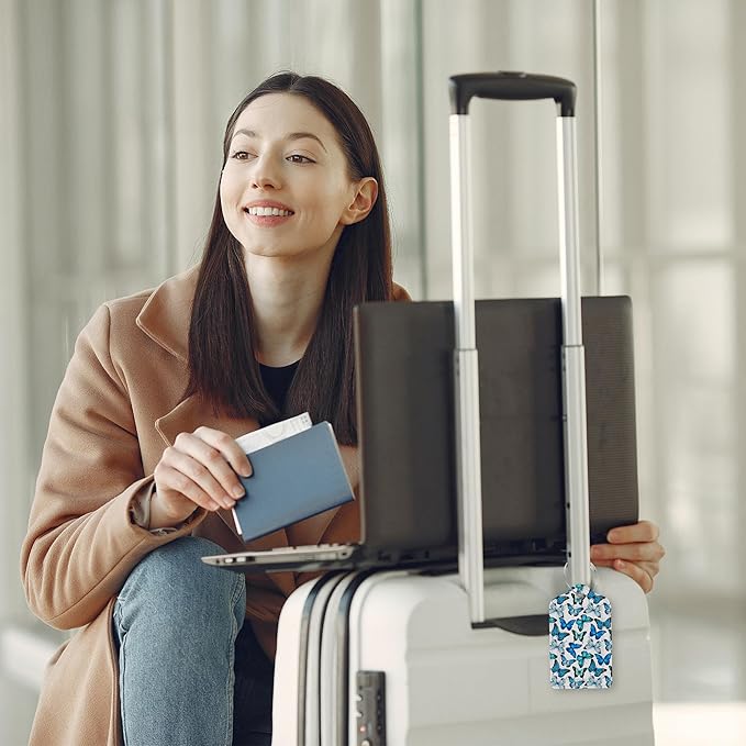 Luggage Tags for Suitcase Blue Butterfly 2 PCS Leather Travel Cruise Luggage Tag with Stainless Steel Loop Name ID Label Privacy Cover for Women Men Travel Bag Labels Set