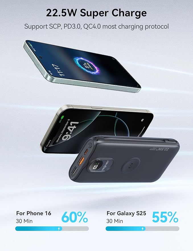 Portable Charger, 10000mAh 22.5W Fast Charging Power Bank with Built in Cable & Wall Plug, Travel Essential Battery Pack with LED Display, External Charger for iPhone, iWatch 11/10/9/8/Ultra/SE Black