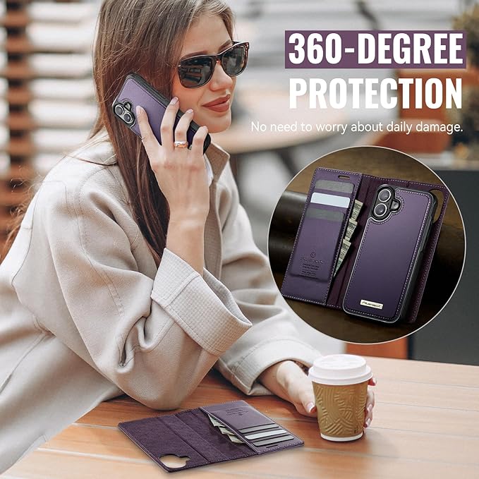 PlusnapX Wallet Case for iPhone 17 Compatible with Magsafe, 2-in-1 PU Leather Flip RFID Blocking Card Holder Stand Shockproof Magnetic Detachable Cover for iPhone 17 Case 6.3", Fashion Purple