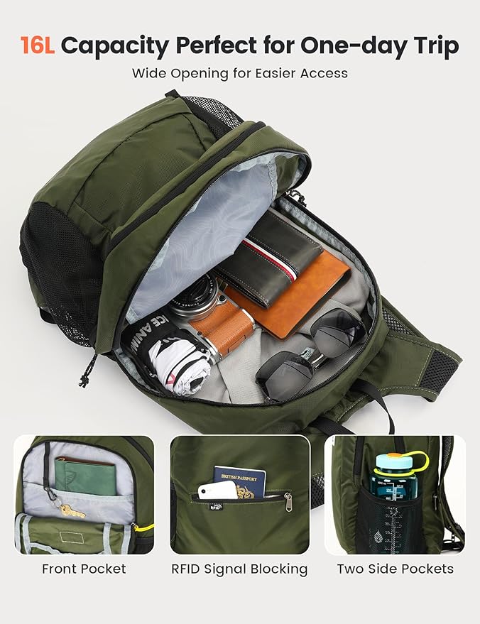 SKYSPER 16L Hiking Backpack Lightweight Small for Women Men, Foldable Packable Daypack - Travel Camping Backpack, Outdoor Hiking Bag (Armygreen)