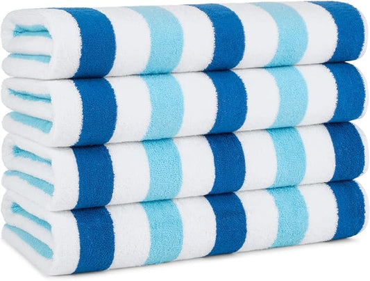Arkwright Cabo Cabana Stripe Beach Towel - Pack of 4 - Large Soft Quick Dry Cotton Terry Towels for Pool, Swim, and Hot Tub, Oversized 30 x 70 in, Tropical Breeze/Skydive Blue