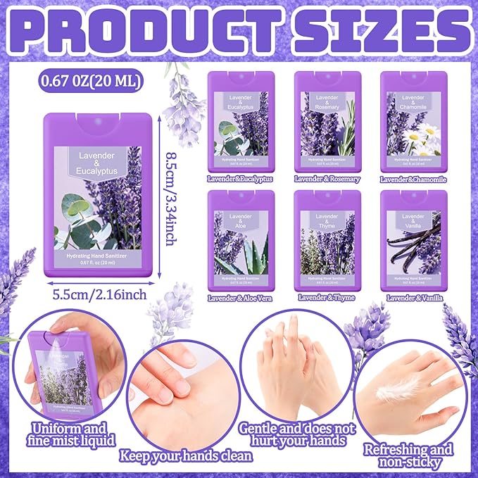 6 Pcs Hand Sanitizer Spray Lavender Scented Hydrating Hand Sanitizer Travel Size Portable Cleans Hands Sanitizing for Travel Adults Office Team Family School