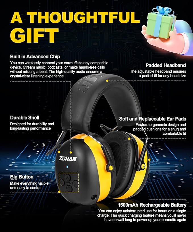 ZOHAN EM037 Bluetooth Hearing Protection,30dB SNR Noise Reduction Ear Protection with 1500mAh Rechargeable Battery,Headphones with 40H playtime for Mowing, Snowblowing, Construction,Workshops