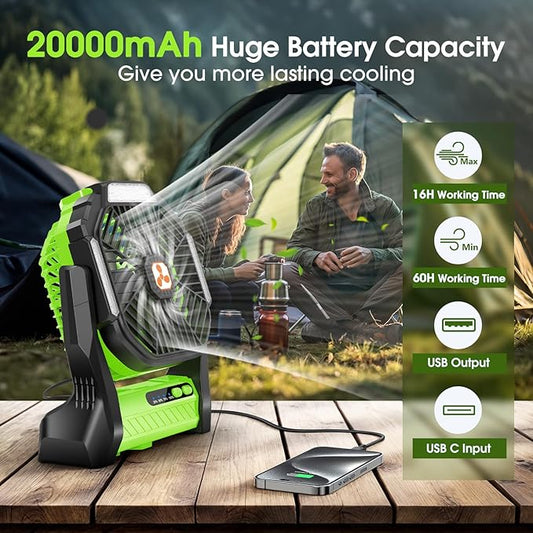 Portable Rechargeable Fan, 20000mAh Cordless Battery Powered Camping Tent Fans with SOS & LED Lantern, Small USB C Operated Outdoor Ventilador for Travel Camp Fishing Bedroom Power Outage Emergency