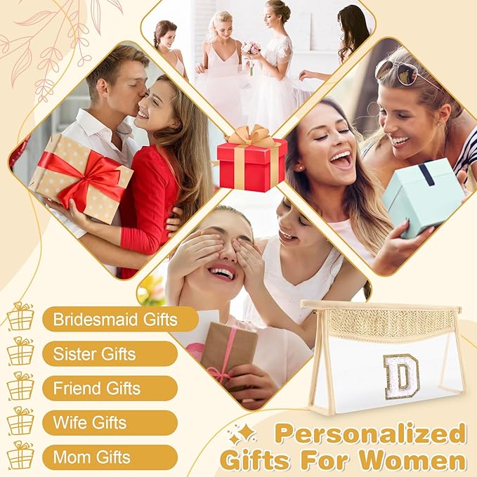 Personalized Initial Letter Bag Boho Straw Clear Makeup Bag,Small Cute Chenille Varsity Letter Bag With Zipper,Beach Travel Toiletry Bag,Portable Monogrammed Cosmetic Bag for Women Girls,D