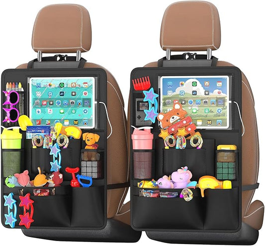 Backseat Car Organizer with Touch Screen,Kick Mats Back Seat Protector with 10 Storage Pockets,Car Seat Back Organizers Storage for Snacks Drinks Toy Umbrellas for Kids Road Trip