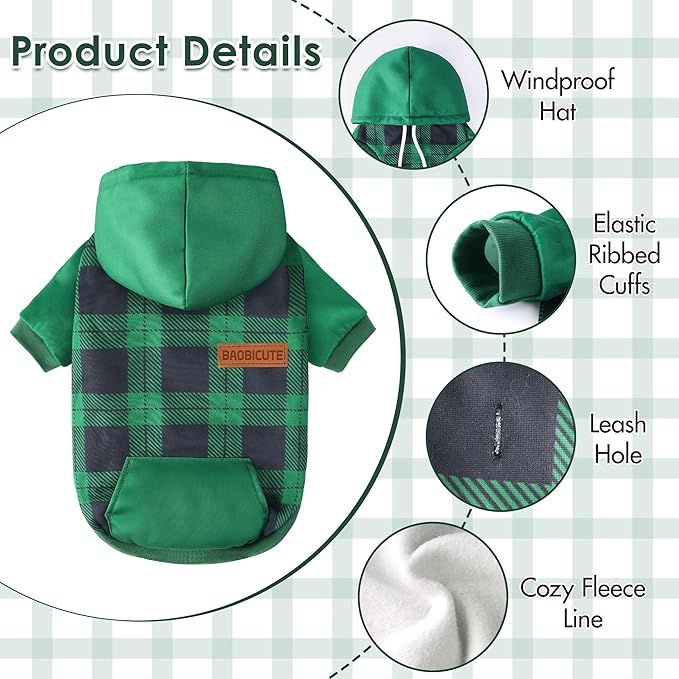BAOBICUTE Dog Basic Hoodie Soft Dog Clothes Cold Weather Sweaters for Medium Large Dogs Cozy Fabric Warm Sweatshirt with Leash Hole (Green Plaid, M (Back: 16.54",Chest: 22.05", Neck: 16.54"))