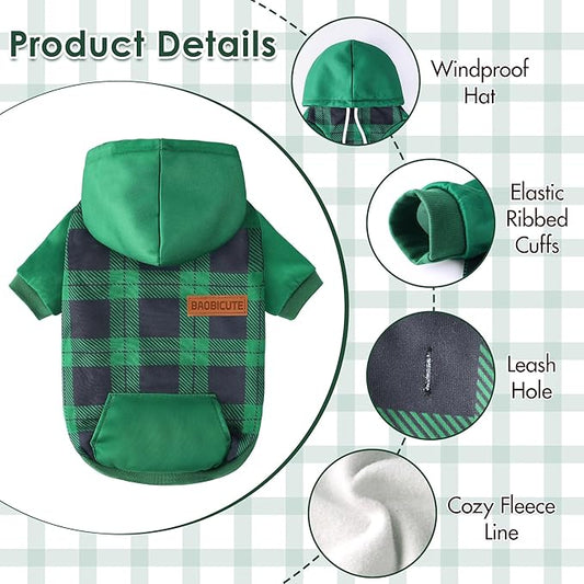 BAOBICUTE Dog Basic Hoodie Soft Dog Clothes Cold Weather Sweaters for Medium Large Dogs Cozy Fabric Warm Sweatshirt with Leash Hole (Green Plaid, S (Back: 12.6",Chest:18.11", Neck: 13.78"))