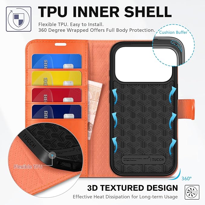TUCCH Wallet Case for iPhone 17 Pro (6.3") 2025, 4 Card Holders, RFID Blocking, Stand, Shockproof TPU Shell, PU Leather, Magnetic Closure, Protective Flip Folio Cover, Orange