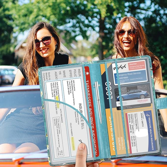 DMLuna Car Registration and Insurance Holder, Leather Vehicle Card Document Glove Box Organizer, Auto Truck Compartment Accessories for Essential Information, Driver License Cards, Almond Blossom